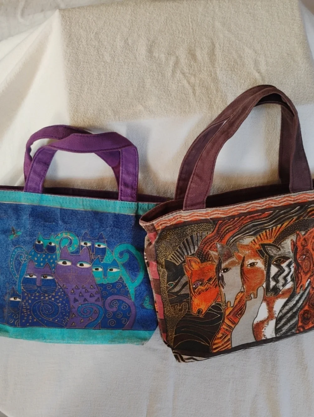 Laurel Burch Canvas Zip Bags Lot Of 2-Indigo Cats 12x8,Moroccan Mares 12x8